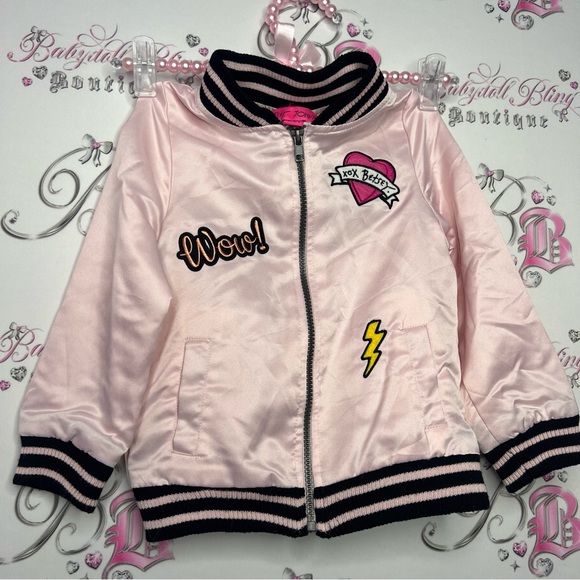 Betsey Johnson bomber jacket coat kids shiny satiny silky fabric pink embroider - Picture 2 of 12